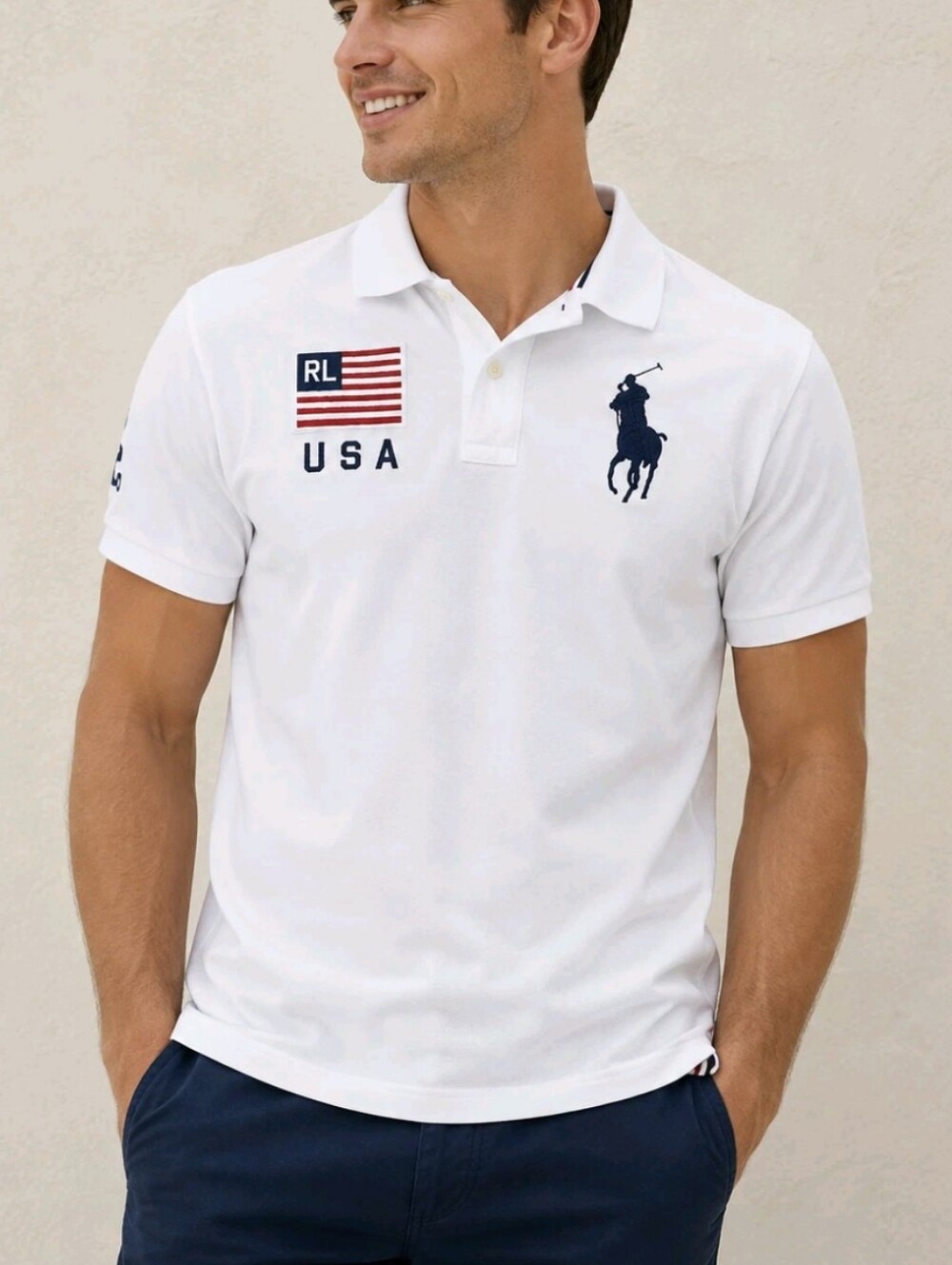 Polo Ralph Lauren Skinny Fit White Big Pony USA Flag Polo Shirt Men's - Small S